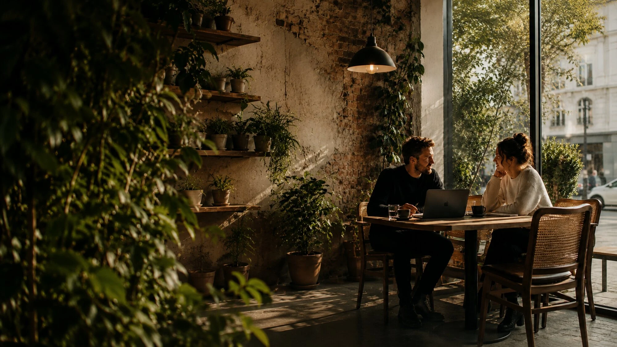 Two investors reviewing an SPV over a laptop in a warm, sunlit café
